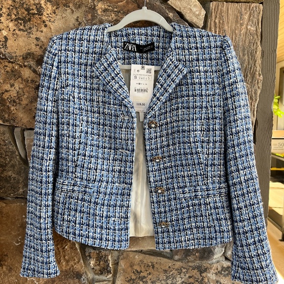 Zara Blue blazer tweed jacket Size Small - Picture 1 of 5